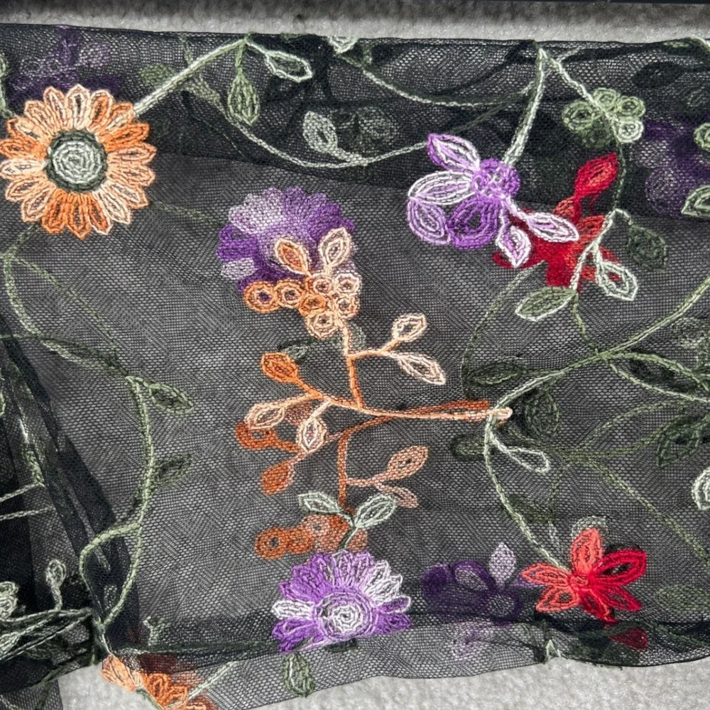 Whimsical Romantic Floral Embroidered Mesh Infinity Scarf‎ Black Sheer Chic Boho